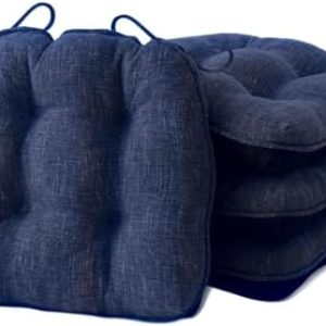 Set of 4 Tufted Memory Foam Chair Cushions for Dining Chairs - Non-Slip Backing, Ties, 15.5" x 15.5" x 4", Navy Blue - P